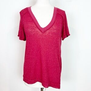 WE THE FREE RED V-NECK BURNOUT SHORT SLEEVE T-SHIRT WOMENS SZ SMALL